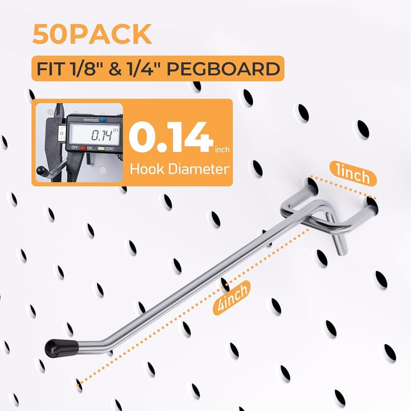 INCLY 50 Pack Pegboard Hooks, 4 Inch Metal Peg Board Hooks Accessories, Peg Board Tool Hangers Fit for 1/8“ and 1/4" Pegboard Hanging Tools for Garage, Craft Room, Kitchen, Store - Image 2